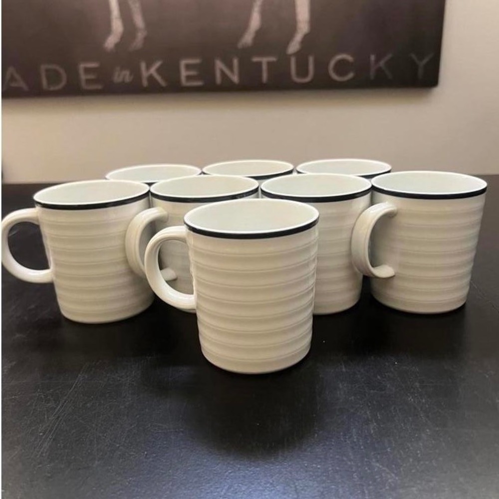 Crate & Barrel Spal Porcelain Mugs White Black Ribbed Set of 8 Portugal 4in